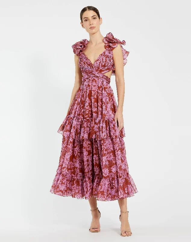 Ruffle Tiered Cut-Out Chiffon Dress