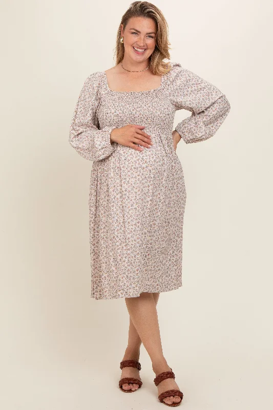 Beige Floral Print Long Sleeve Maternity Plus Midi Dress