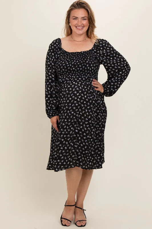 Black Floral Smocked Square Neck Plus Maternity Midi Dress