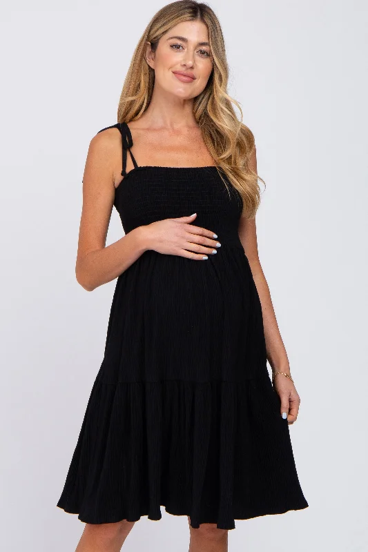 Black Smocked Shoulder Tie Maternity Dress