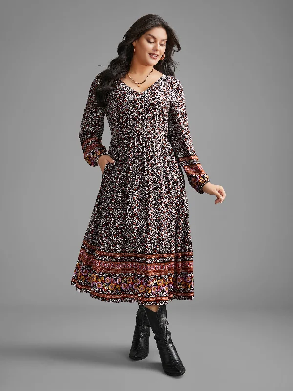 Boho Print Elastic Waist Button Detail Dress