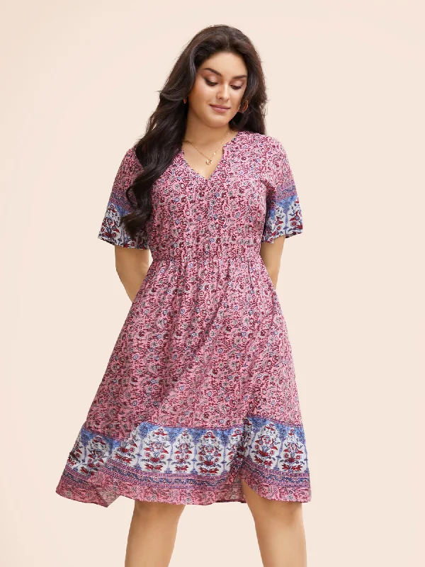 Boho Print Notched Collar Elastic Waist Dress