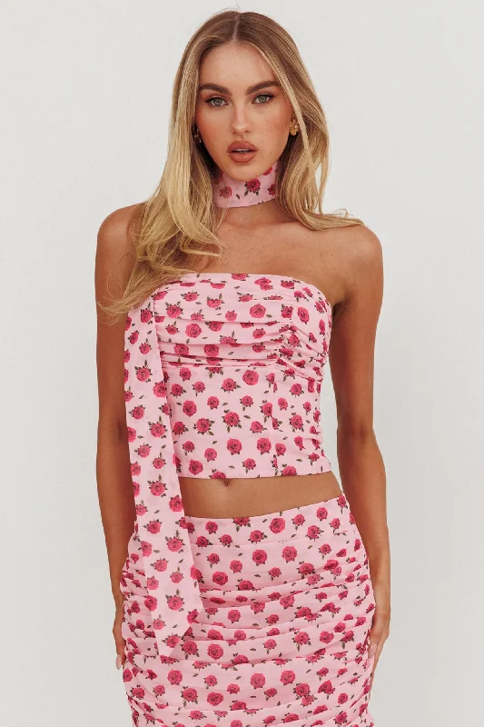 Charise Strapless Neck Tie Top Roses Pink