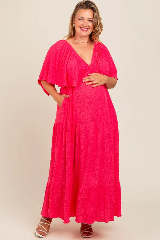 Coral Pink Flounce Sleeve Tiered Maternity Plus Dress