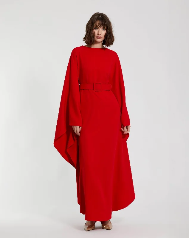 Crepe Boat Neck Caftan Maxi Dress With Belt