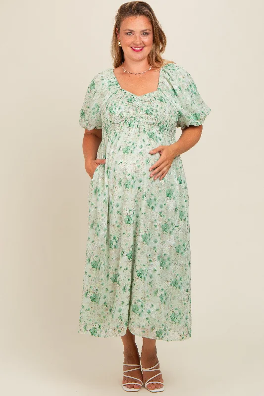 Green Floral Smocked Sweetheart Neck Short Puff Sleeve Maternity Plus Midi Dress