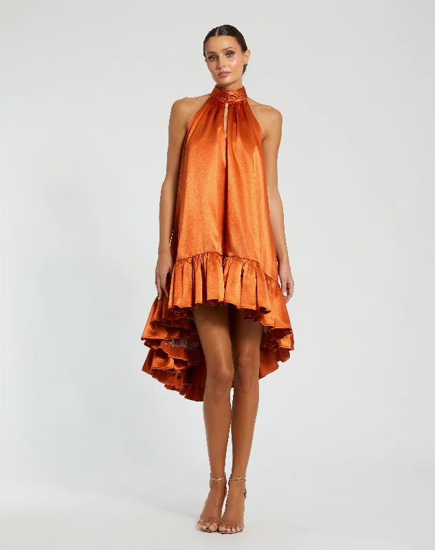 Orange High Neck Satin Mini Dress With Keyhole