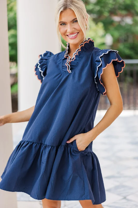 It's All A Game Navy Blue Scalloped Dress