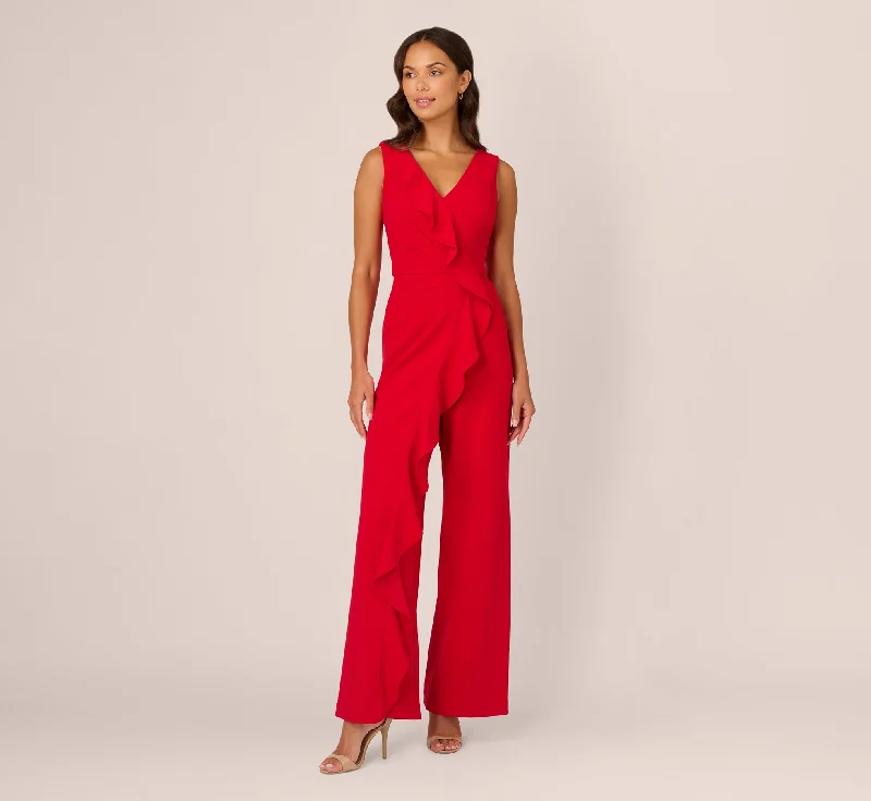 Knit Crepe Ruffle Jumpsuit In Super Red