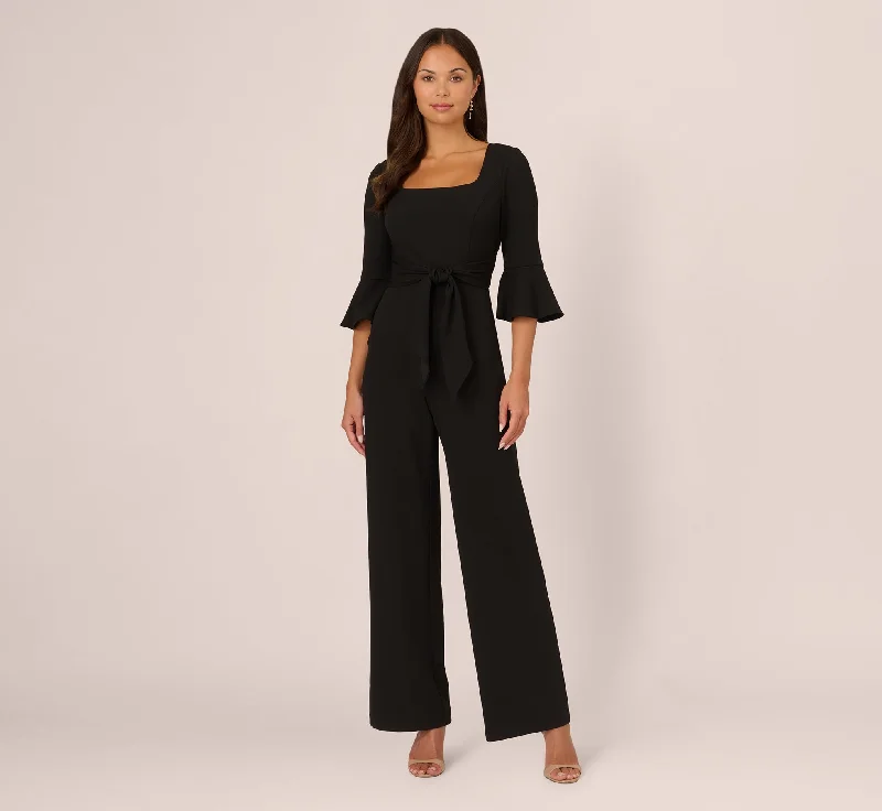 Knit Crepe Wide Leg Jumpsuit With Bell Sleeves In Black