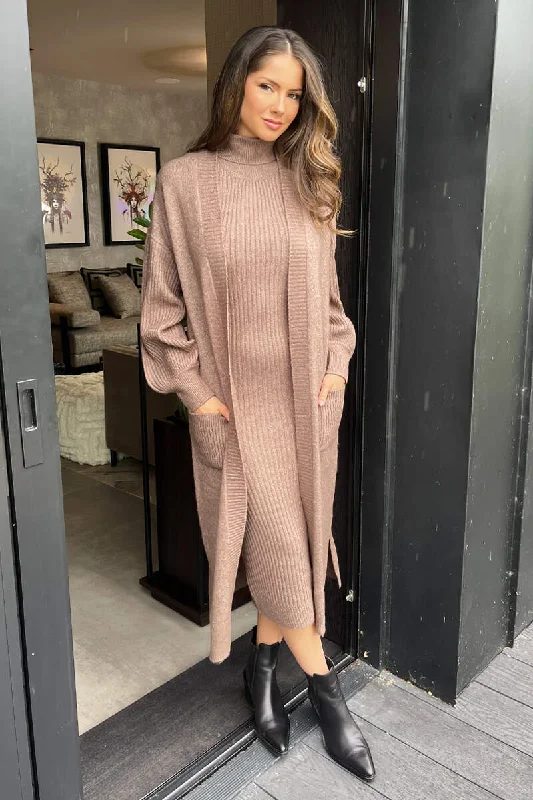 Mink Knitted Midi Dress And Cardigan Co-ord