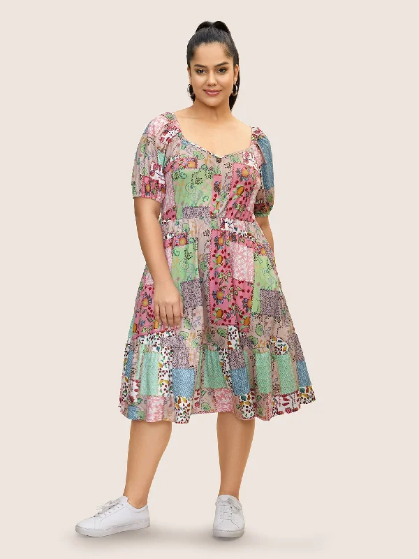 Patchwork Boho Print Raglan Sleeve Midi Dress