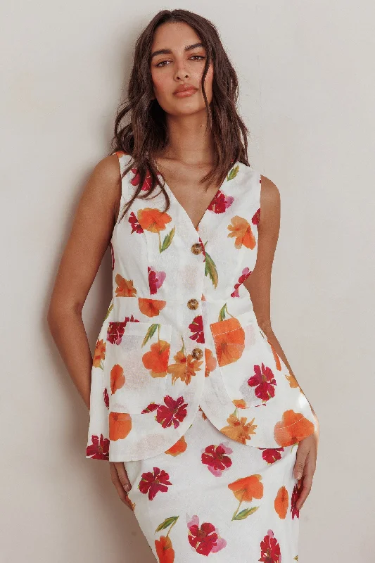 Philomena Button Front Pocket Vest Top Floral Orange Multi