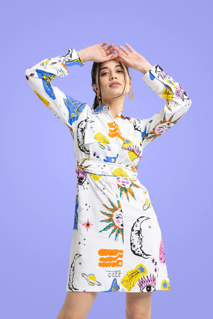 Printed Cotton Shirt Dress with Belt