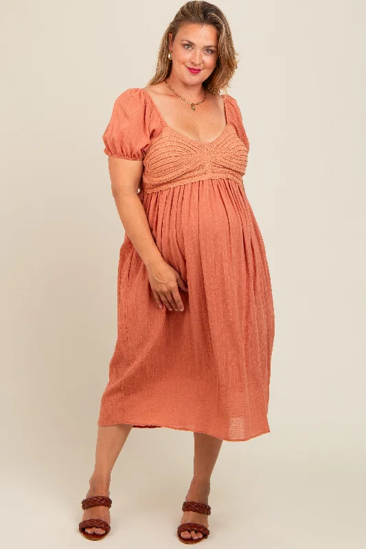 Rust Crochet Bodice Cotton Plus Maternity Midi Dress