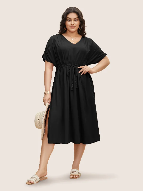 Solid Drawstring Gathered Dolman Sleeve Dress