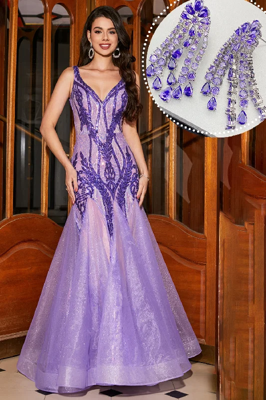 Sparkly Purple Mermaid Long Prom Dress with Accessory