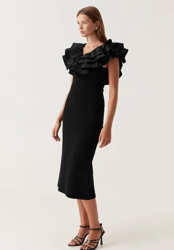 Transcendent Ruffle Midi Dress Black