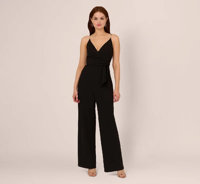 Wide Leg Jumpsuit With Pearl Chain Spaghetti Straps In Black